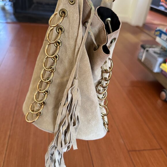 Vintage One of a Kind Made in USA Leather Chain Bucket Bag w/ Rings Grommets - Picture 10 of 17